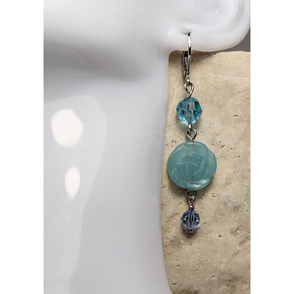 Blue Stone Carved Flower Crystal Beaded Dangle Earrings - Picture 3 of 7